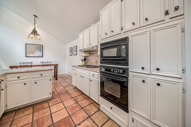 kitchen featuring black appliances, decorative light fixtures, white cabinets, and lofted ceiling