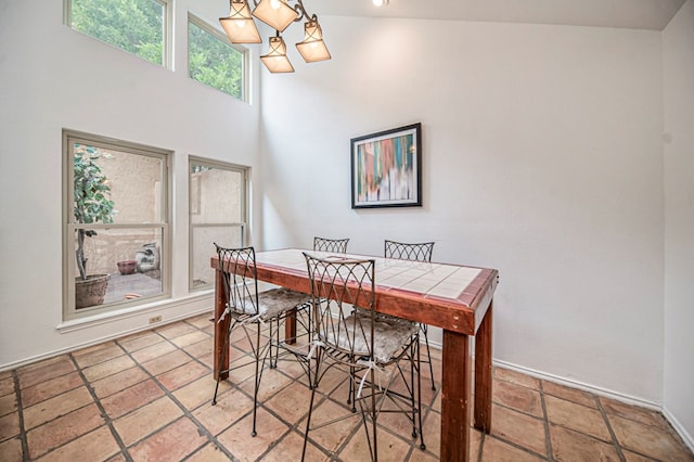 dining space featuring high vaulted ceiling and a chandelier