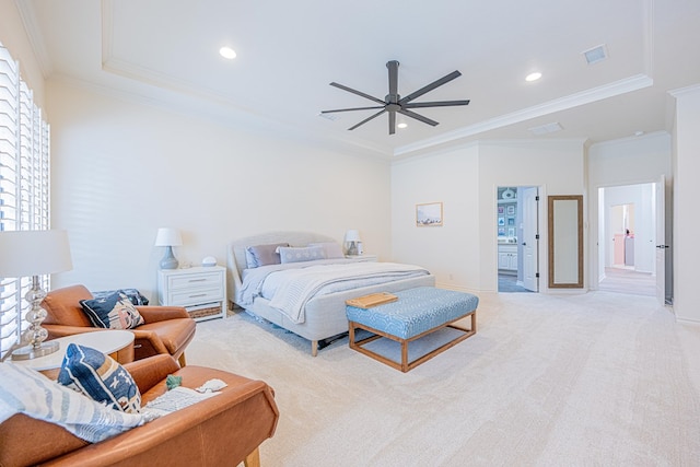 bedroom featuring crown molding, light colored carpet, and ceiling fan