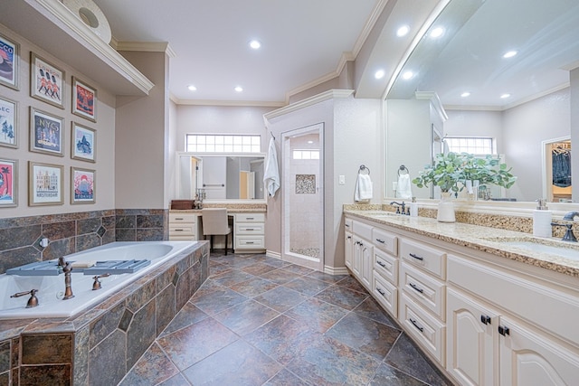 bathroom featuring ornamental molding, plus walk in shower, and vanity