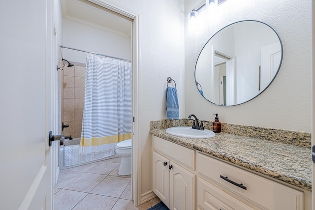 full bathroom with vanity, ornamental molding, toilet, shower / bath combo, and tile patterned floors