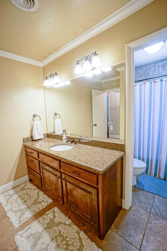 bathroom featuring a shower with curtain, vanity, crown molding, tile patterned flooring, and toilet