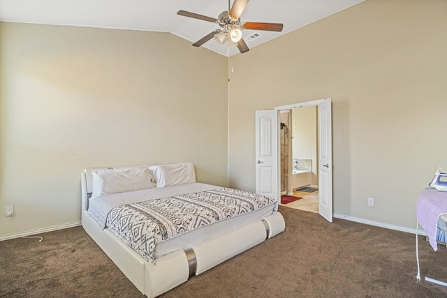 bedroom featuring ceiling fan, high vaulted ceiling, and dark colored carpet