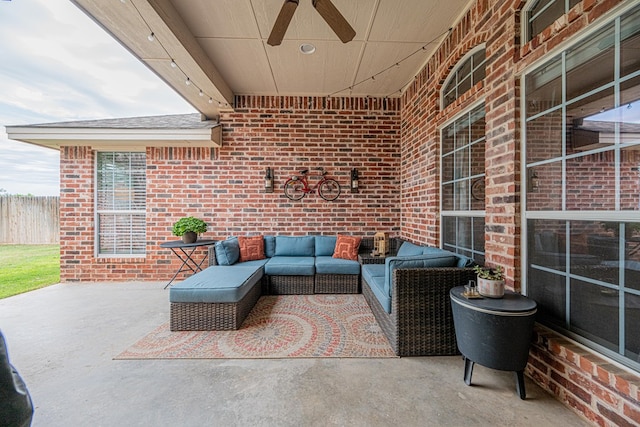 view of patio with a ceiling fan, outdoor lounge area, and fence