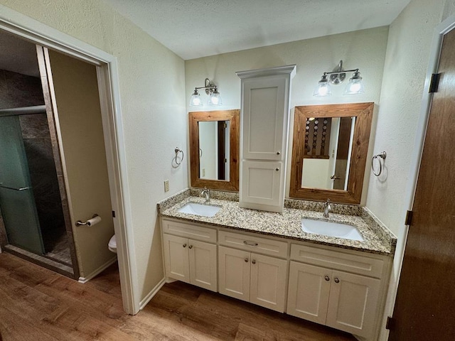 bathroom featuring wood-type flooring, vanity, toilet, and a shower with door