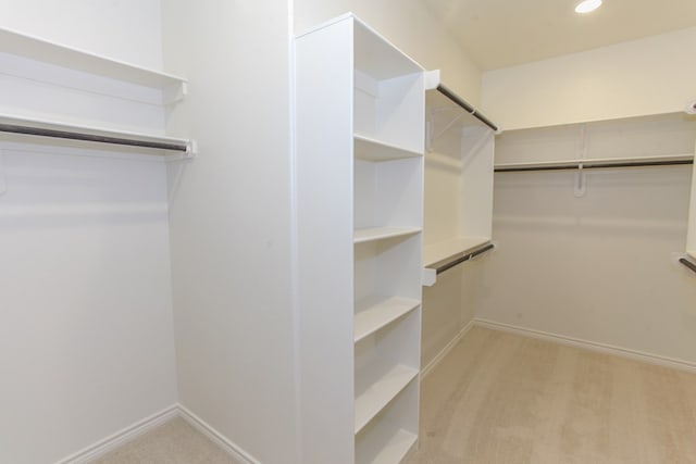 walk in closet featuring light carpet