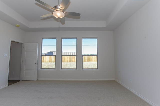 spare room featuring light carpet, a tray ceiling, and plenty of natural light