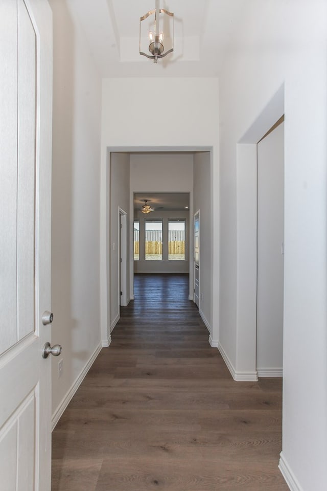 hall featuring dark hardwood / wood-style flooring, a raised ceiling, and a notable chandelier