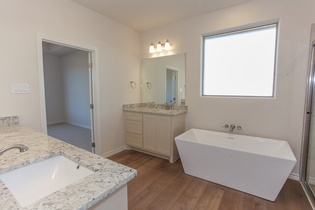 bathroom with vanity, a bath, and hardwood / wood-style floors