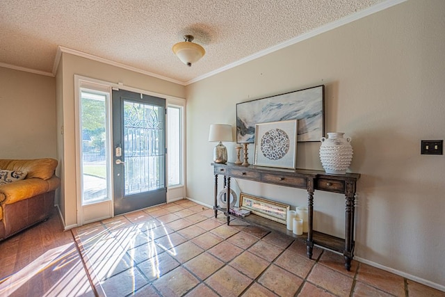 entryway featuring ornamental molding, a textured ceiling, and a wealth of natural light