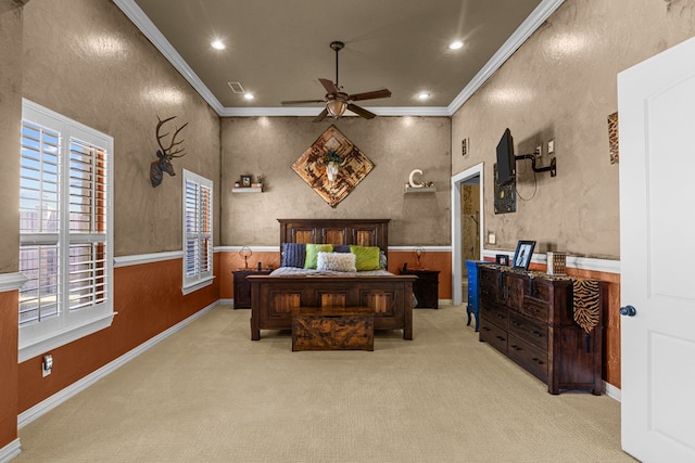 carpeted bedroom featuring ornamental molding