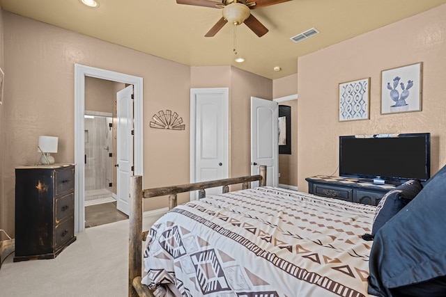 bedroom with light colored carpet and ceiling fan