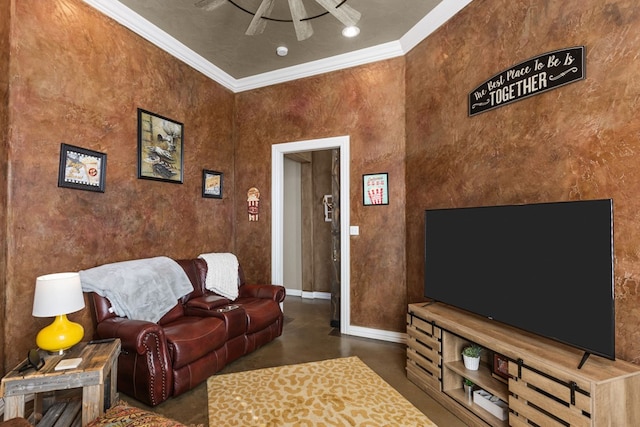 living room featuring crown molding