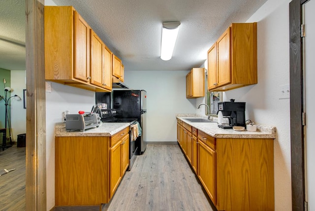 707 E County Rd 132, Midland, TX 79706 - kitchen featuring electric range, light wood-style flooring, light countertops, a textured ceiling, and a sink