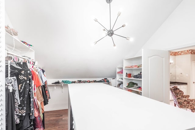 209 Bayberry Pkwy, Midland, TX 79705 - bedroom with a chandelier, lofted ceiling, and dark wood finished floors
