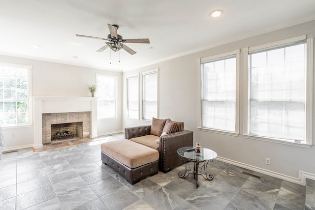 209 Bayberry Pkwy, Midland, TX 79705 - living room with ornamental molding, baseboards, ceiling fan, a fireplace, and recessed lighting