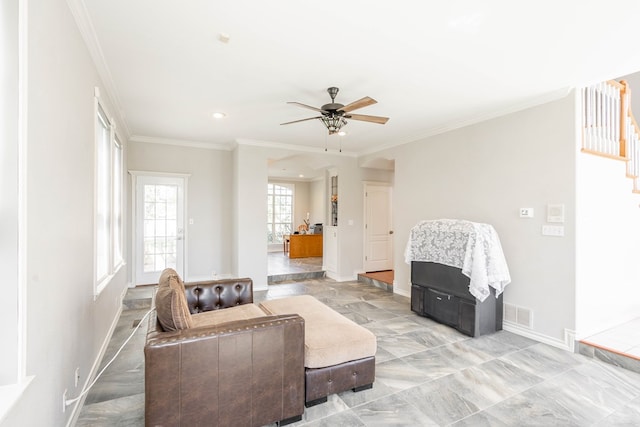 209 Bayberry Pkwy, Midland, TX 79705 - living area featuring baseboards, ceiling fan, recessed lighting, and crown molding
