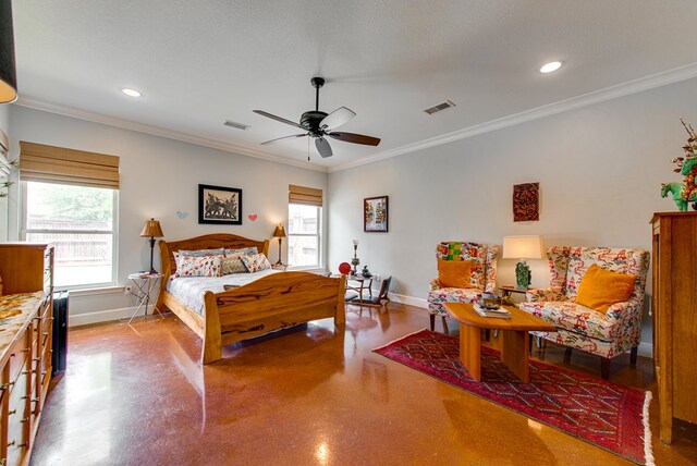 1102 Castle Rock Ct, Midland, TX 79705 - bedroom featuring baseboards, finished concrete flooring, crown molding, recessed lighting, and ceiling fan