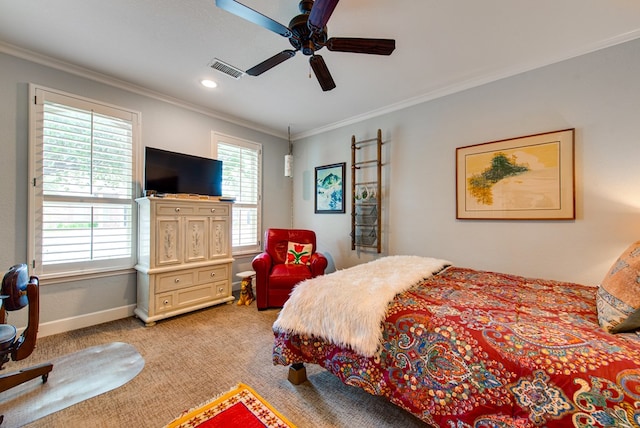 bedroom featuring ornamental molding, baseboards, carpet flooring, a ceiling fan, and recessed lighting