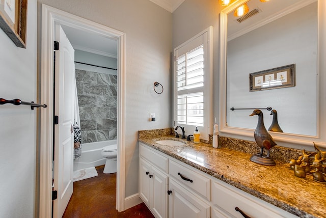bathroom featuring crown molding, vanity, shower / tub combo with curtain, and toilet