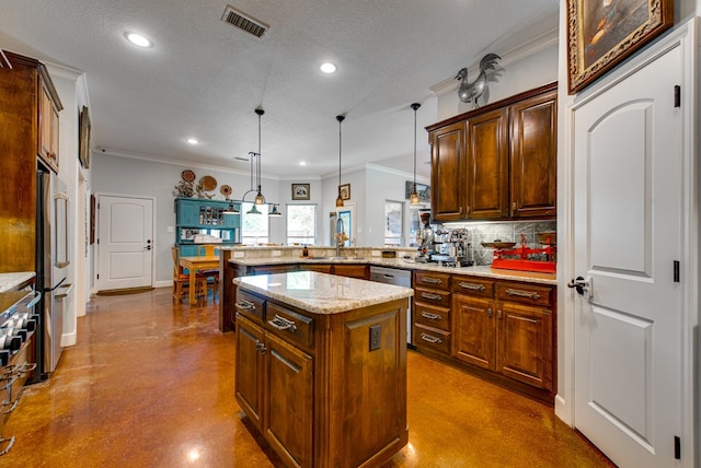 kitchen featuring crown molding, a peninsula, appliances with stainless steel finishes, finished concrete floors, and backsplash