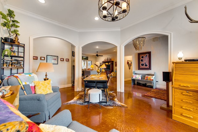 living area with arched walkways, a chandelier, ornamental molding, recessed lighting, and baseboards