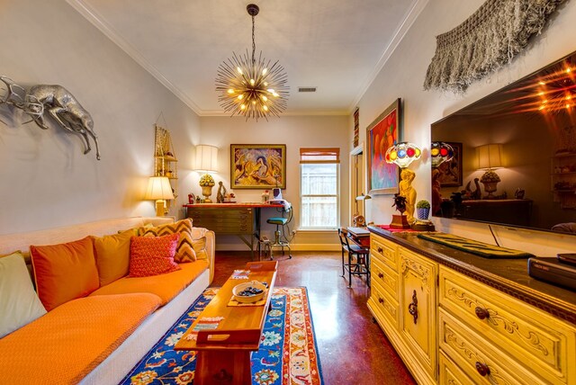 1102 Castle Rock Ct, Midland, TX 79705 - living area featuring a chandelier and ornamental molding