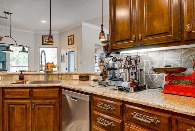 kitchen featuring stainless steel dishwasher, a sink, decorative backsplash, light stone counters, and ornamental molding