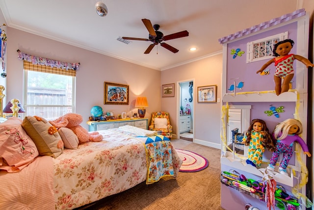 bedroom featuring light carpet, ornamental molding, baseboards, a ceiling fan, and recessed lighting