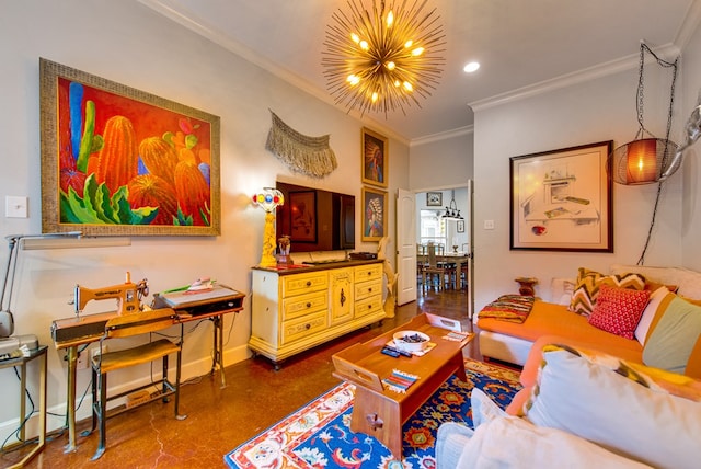 living room with a chandelier, crown molding, baseboards, and recessed lighting