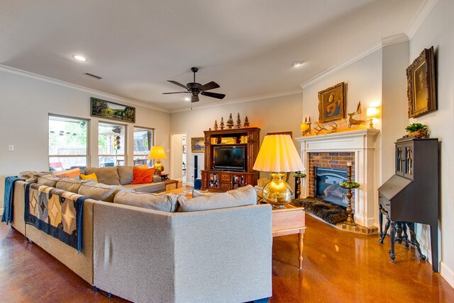 1102 Castle Rock Ct, Midland, TX 79705 - living room featuring crown molding, ceiling fan, a brick fireplace, recessed lighting, and baseboards