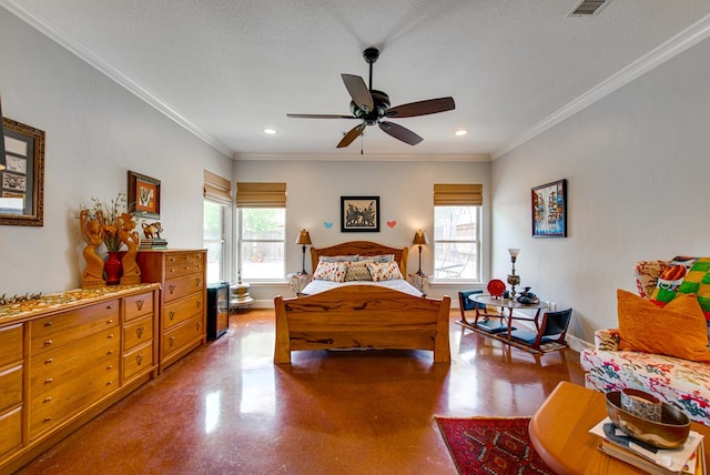 bedroom featuring crown molding, recessed lighting, baseboards, and a ceiling fan