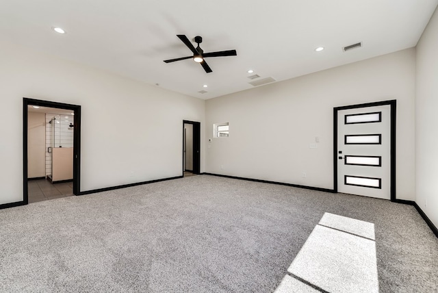 carpeted empty room featuring baseboards, recessed lighting, visible vents, and ceiling fan