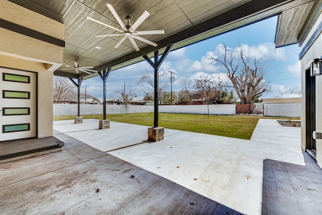 view of patio / terrace featuring a ceiling fan and a fenced backyard