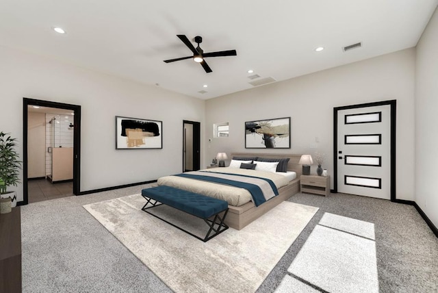 bedroom with carpet, visible vents, recessed lighting, a ceiling fan, and baseboards