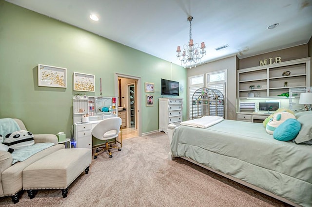 bedroom featuring a chandelier, recessed lighting, carpet floors, visible vents, and baseboards