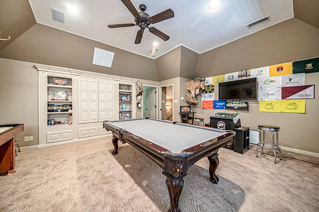 rec room with vaulted ceiling, carpet floors, ceiling fan, and visible vents