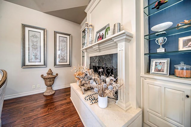 room details featuring a fireplace, wood finished floors, and baseboards