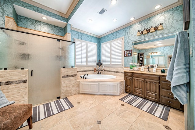 full bathroom featuring a garden tub, visible vents, ornamental molding, a shower stall, and vanity