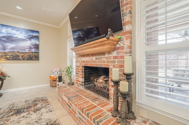 living room with crown molding and a brick fireplace