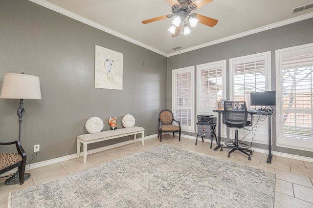 tiled home office featuring crown molding and ceiling fan