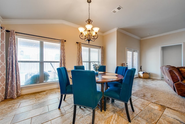 418 Orourke, Midland, TX 79706 - dining room with a chandelier, ornamental molding, baseboards, and vaulted ceiling