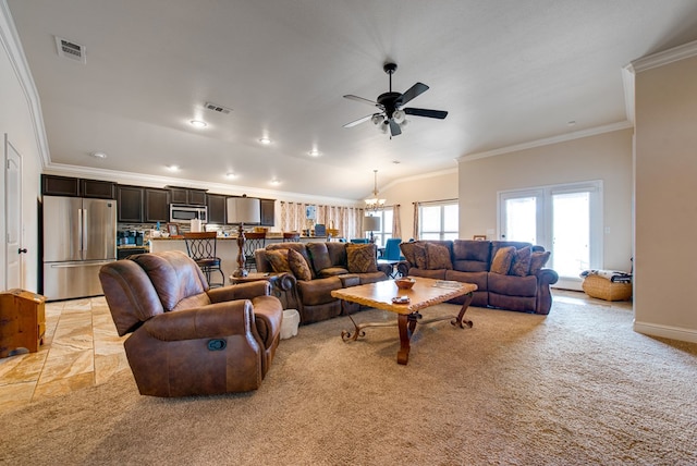 418 Orourke, Midland, TX 79706 - living area with crown molding, a ceiling fan, lofted ceiling, a chandelier, and recessed lighting
