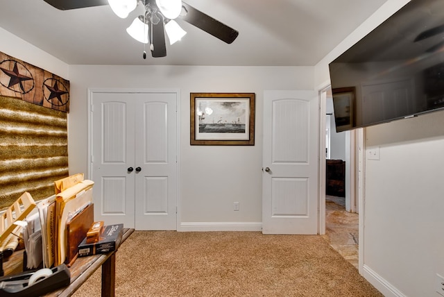 418 Orourke, Midland, TX 79706 - bedroom with light carpet, a closet, ceiling fan, and baseboards