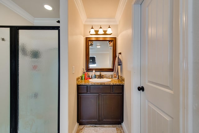 418 Orourke, Midland, TX 79706 - full bathroom with crown molding, a stall shower, vanity, and baseboards