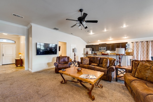 418 Orourke, Midland, TX 79706 - living area with crown molding, light carpet, a ceiling fan, baseboards, and lofted ceiling