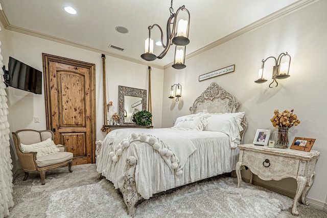 carpeted bedroom with visible vents and ornamental molding