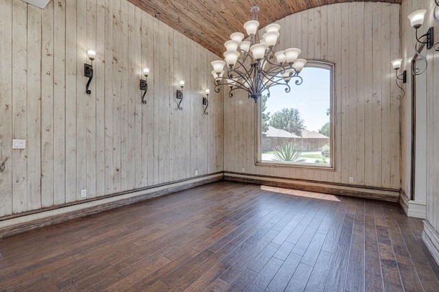 unfurnished dining area featuring wooden walls, a chandelier, wooden ceiling, dark wood finished floors, and vaulted ceiling