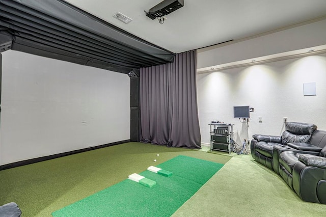 home theater featuring visible vents, carpet, and golf simulator