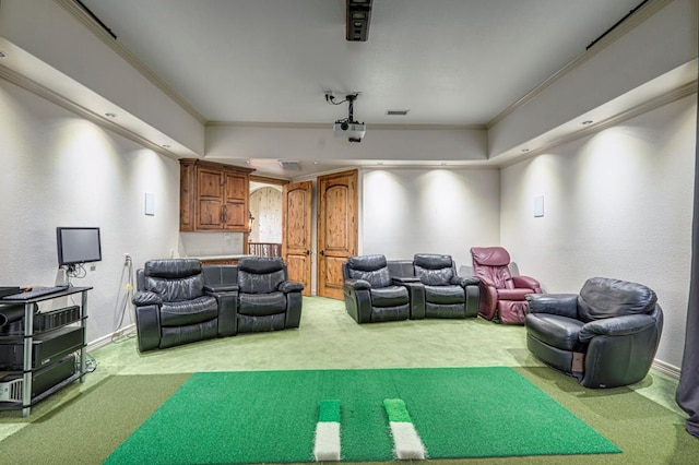 cinema featuring visible vents, arched walkways, baseboards, ornamental molding, and carpet flooring